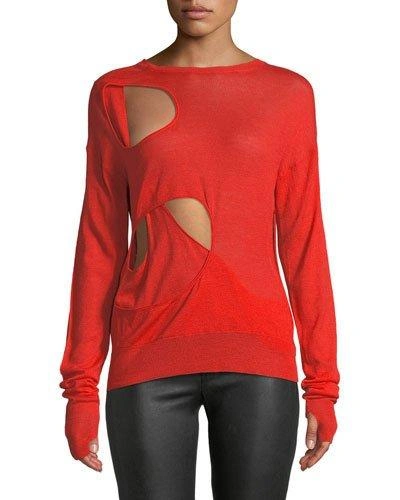 Helmut Lang Crewneck Cutout Long-sleeve Wool-silk Sweater In Red