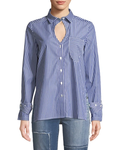 Victoria / Tomas Striped Buckle-cuff Keyhole Shirt In Blue Pattern