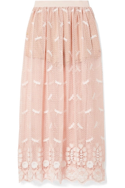 Miguelina Paris Embroidered Crocheted Cotton Maxi Skirt In Blush