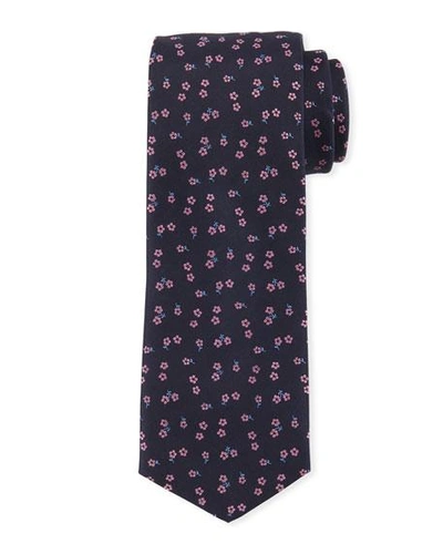 Hugo Boss Floral-pattern Silk Tie In Dark Blue