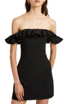 French Connection Whisper Light Ruffled Off-the-shoulder Dress In Black