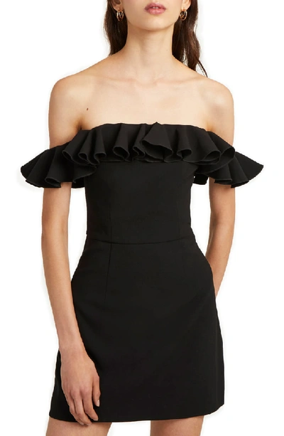 French Connection Whisper Light Ruffled Off-the-shoulder Dress In Black