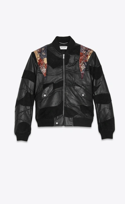 Saint Laurent Studded Patchwork Bomber Jacket In Black Leather And Multicolored Python In 1726blkmult