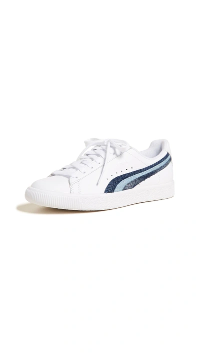 Puma Clyde Denim Leather Sneakers In  White