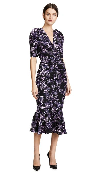 Veronica Beard Floral Print Ruched Detail Dress In Black/navy/fuchsia/off-white