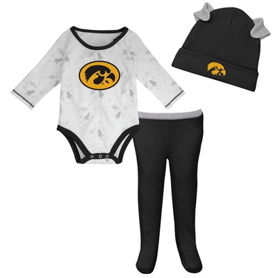 Outerstuff Babies' Newborn & Infant Black/white Iowa Hawkeyes Dream Team Raglan Long Sleeve Bodysuit Hat & Trousers Set