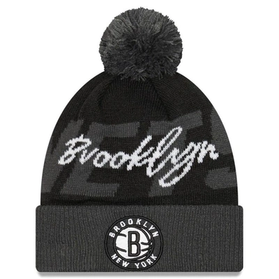New Era Men's  Black, Gray Brooklyn Nets Confident Cuffed Knit Hat With Pom In Black,gray