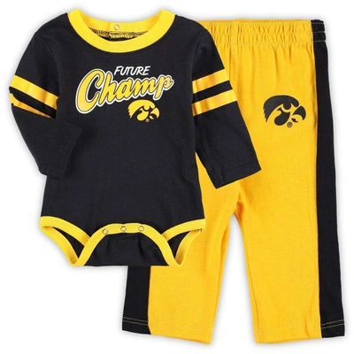 Outerstuff Babies' Newborn And Infant Boys And Girls Black, Gold Iowa Hawkeyes Little Kicker Long Sleeve Bodysuit And S In Black,gold