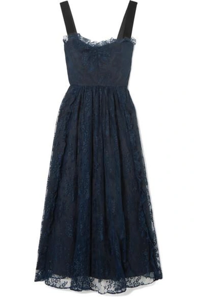 Alexa Chung Gathered Velvet-trimmed Chantilly Lace Midi Dress In Midnight Blue