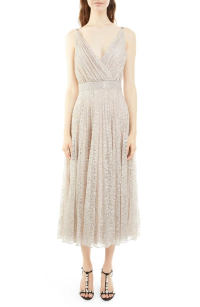 Erdem Dorinda Metallic Lace Pleated Midi Dress In Sandstone