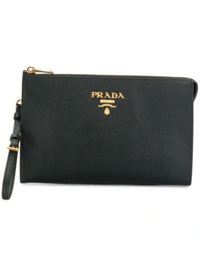 Prada Logo Zipped Clutch In Black