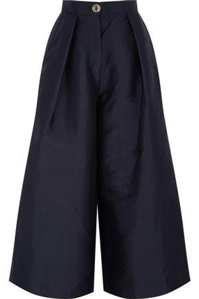 Solace London Woman Francine Cropped Pleated Faille Wide-leg Pants Navy ...