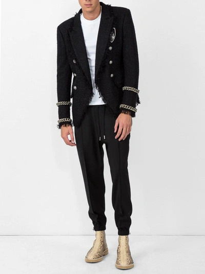 Balmain Double Breasted Tweed Jacket In Black