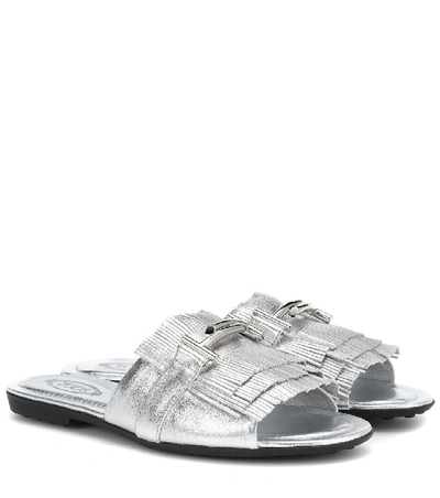 Tod's Women's Genuine Leather Slippers Sandals Double T In Silver