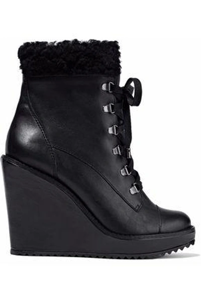 Schutz Woman Faux Fur-trimmed Leather Wedge Ankle Boots Black