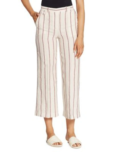 Theory Woman Striped Linen Wide-leg Pants Ecru In White Red Stripe