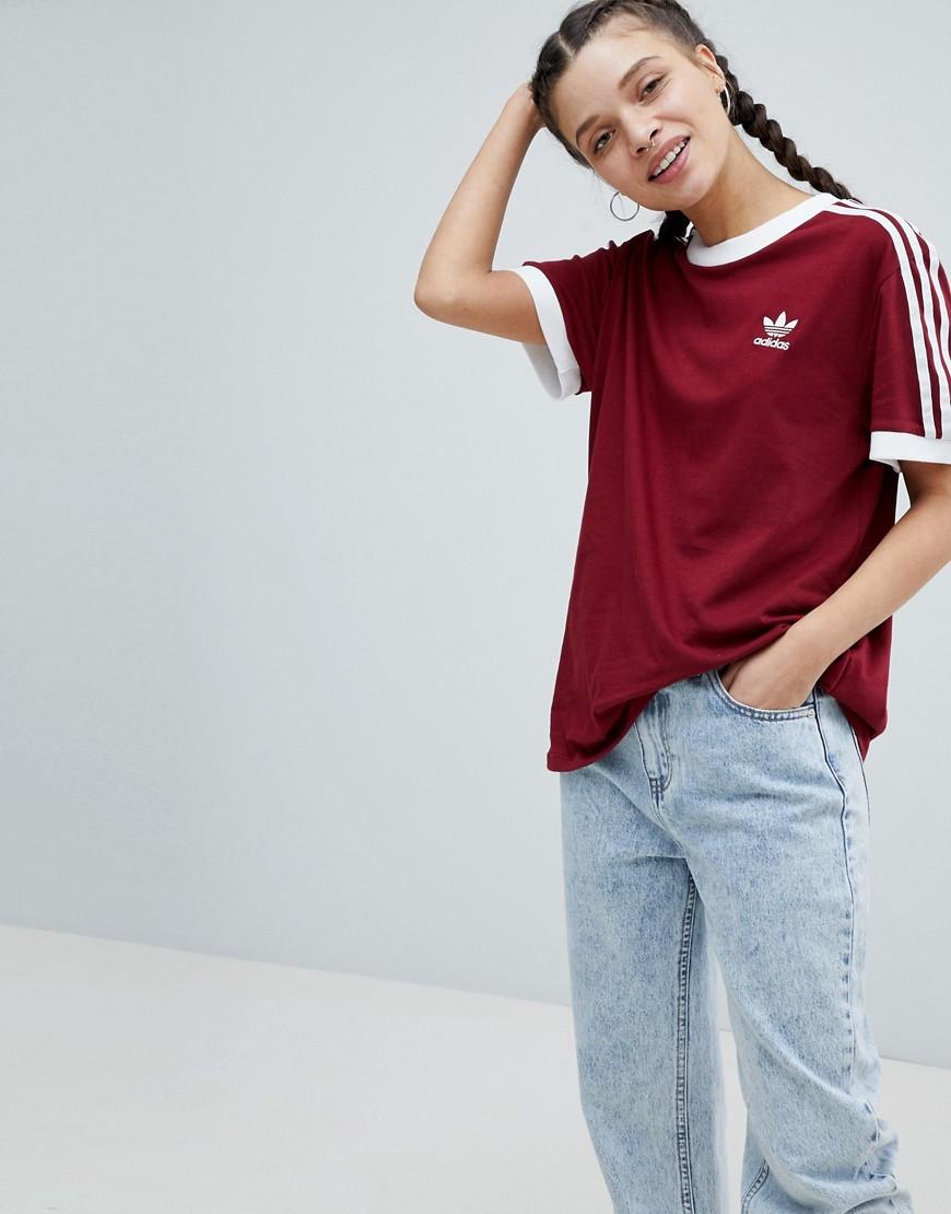 adidas burgundy 3 stripe t shirt
