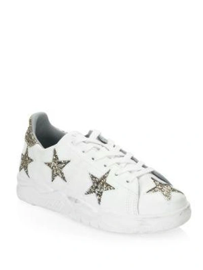 Chiara Ferragni Roger White Leather Sneaker With Golden Glitter Stars In White/gold