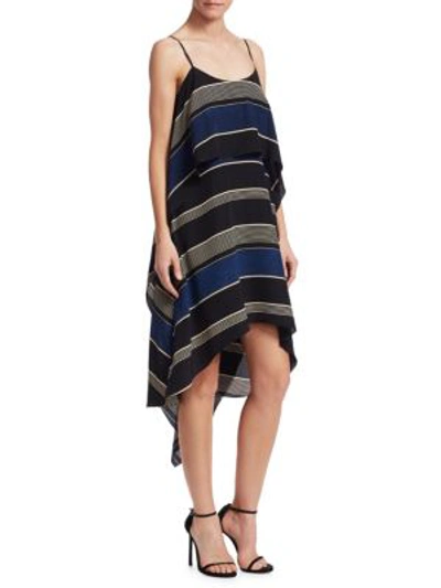 Halston Heritage Stripe-printed Layered Flounce Sleeveless Dress In Black/denim Stripe