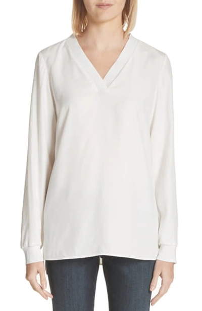 Lafayette 148 Wyatt Knit Trim Matte Silk Blouse In Cloud