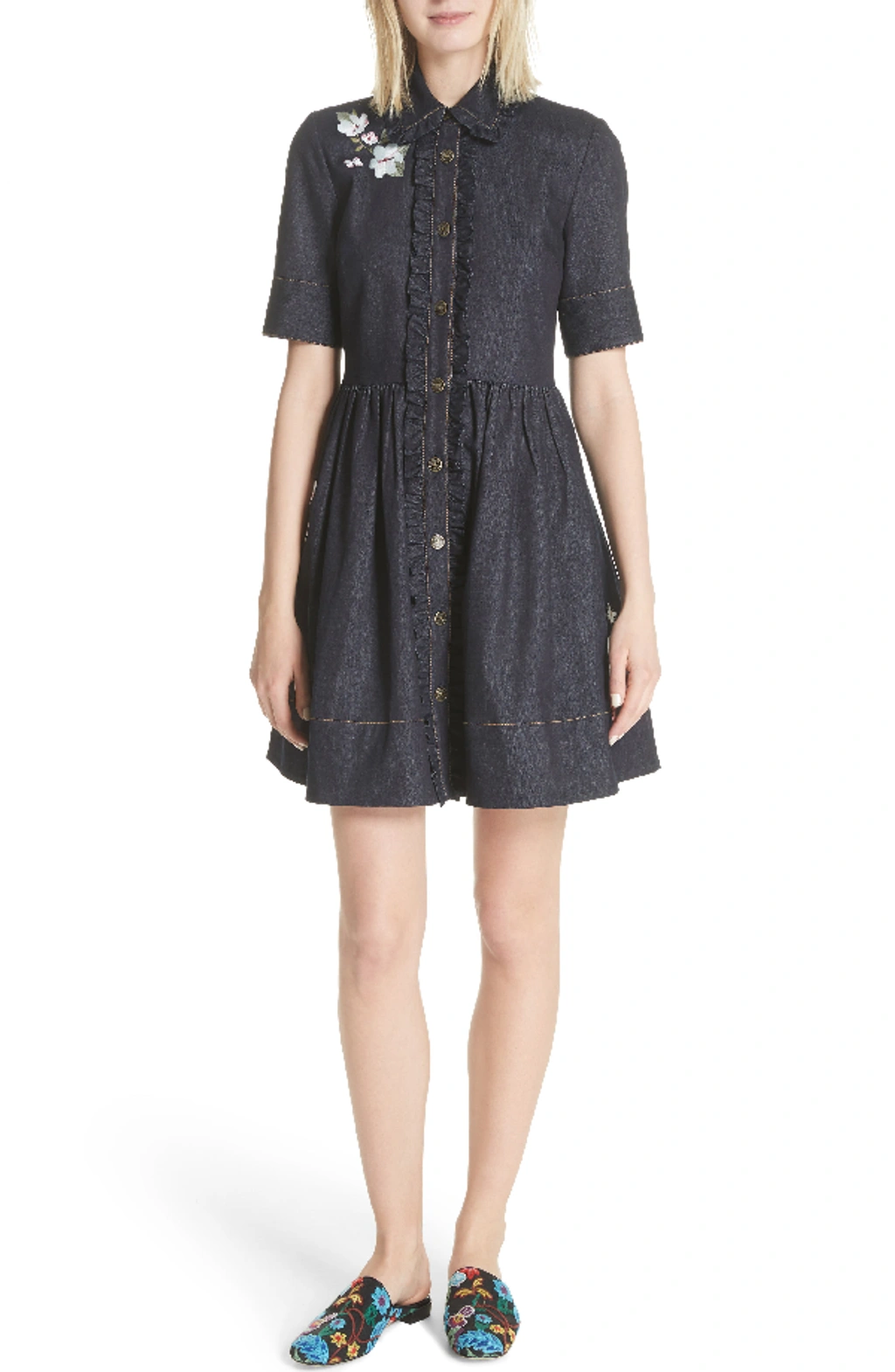 Kate Spade Embroidered Denim Mini Shirt Dress In Indigo