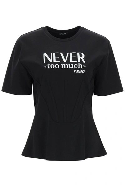 Versace Bustier Effect T Shirt With Embroidered Slogan In Black