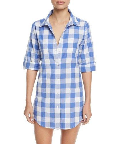 Nanette Lepore Button-front Gingham Cotton Coverup Shirt In Azul