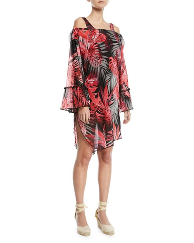 Fuzzi Off-the-shoulder Printed Tulle Coverup Tunic