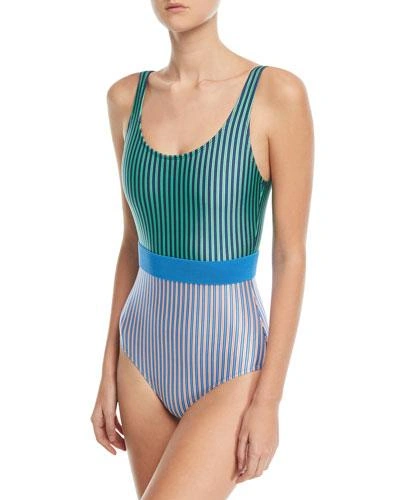 Diane Von Furstenberg Scoop-neck Belted Striped Classic One-piece Swimsuit In Multi