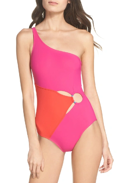 Diane Von Furstenberg O-ring One-shoulder Colorblocked One-piece Swimsuit In Hot Pink/ Geranium