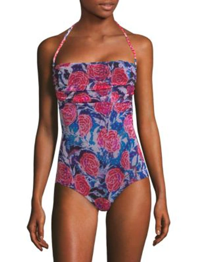 Fuzzi Rose-print Strapless One-piece Swimsuit In Blue Ink