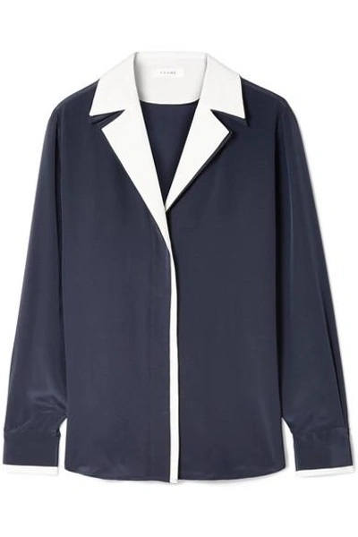 Frame Two-tone Silk Crepe De Chine Shirt In Navy