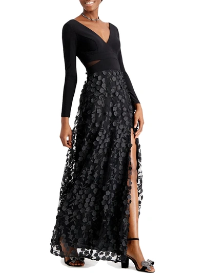 Xscape Long Sleeve Ruched Flower Dress In Black