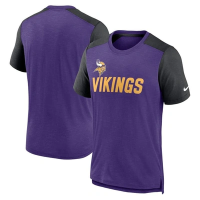 Nike Men's  Heathered Purple, Heathered Black Minnesota Vikings Color Block Team Name T-shirt In Heathered Purple,heathered Black
