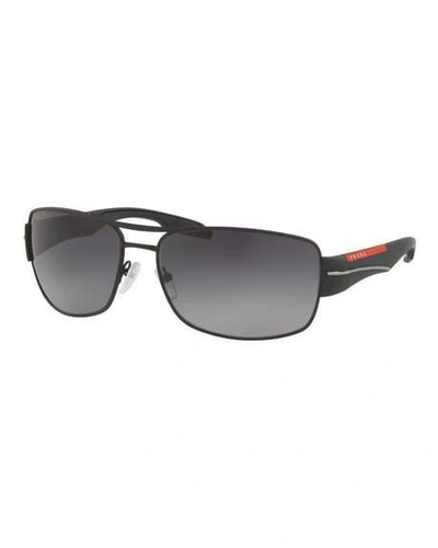 Prada Men's Gradient Polarized Rectangular Metal Sunglasses In Black