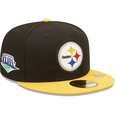 New Era Men's  Black, Gold Pittsburgh Steelers Super Bowl Xliii Letterman 59fifty Fitted Hat In Black,gold