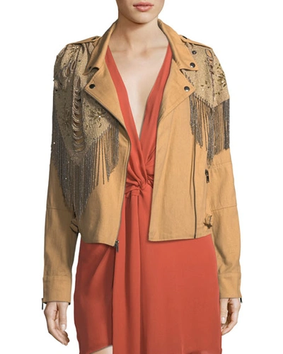 Haute Hippie Oakridge Moto Jacket With Embellished Fringe Detail In Whiskey