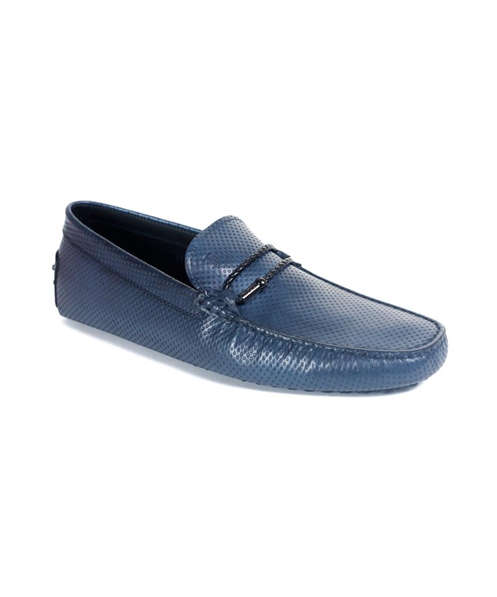 blue leather moccasins