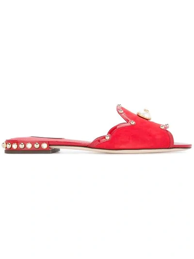 Dolce & Gabbana Pearl Detail Flat Mules In Red