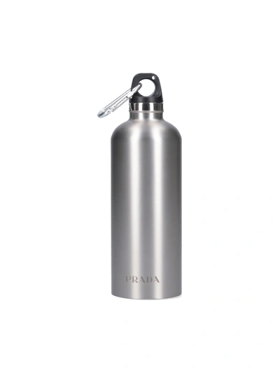 Prada Logo Steel Water Bottle In Argento