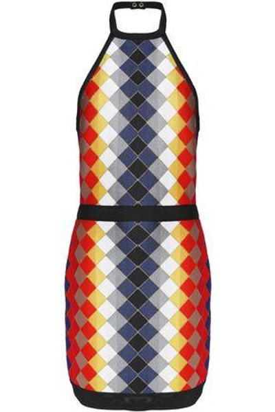 Balmain Woman Intarsia-knit Halterneck Mini Dress Multicolor