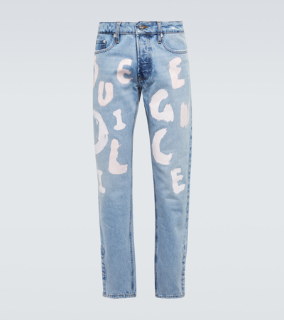 Due Diligence Graphic-print Mid-rise Tapered-leg Jeans In Blue