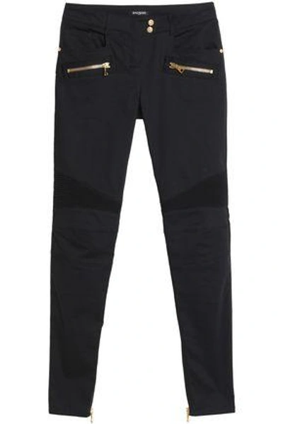 Balmain Woman Moto-style Cotton-blend Skinny Pants Black