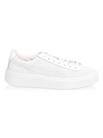 Puma Women's Basket Perforated Nubuck Leather Lace Up Platform Sneakers In White/gold