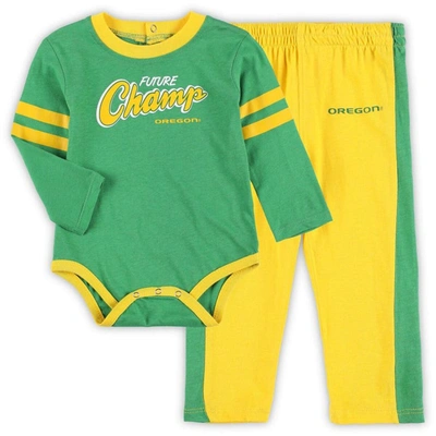 Outerstuff Baby Boys And Girls Green, Yellow Oregon Ducks Little Kicker Long Sleeve Bodysuit And Sweatpants Set In Green,yellow