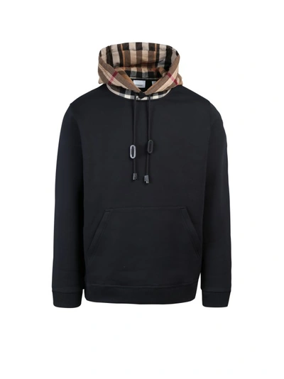Burberry Cotton Blend Sweatshirt With Check Hood In Black