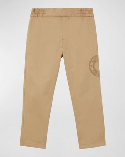 Burberry Kids' Boy's Romeo Embroidered Logo Chino Trousers In Beige
