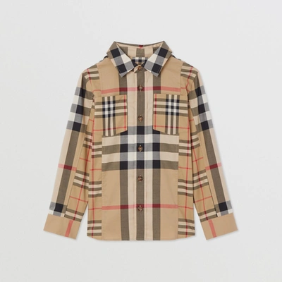 Burberry Kids' Patchwork Check Stretch Cotton Button-up Shirt In Archive Beige