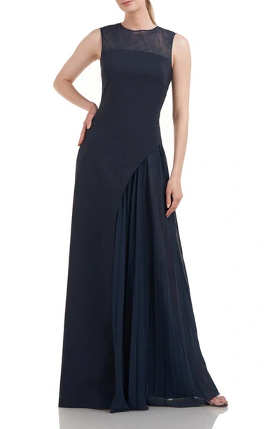Kay Unger Layered A-line Crepe Illusion Gown In Navy Blue