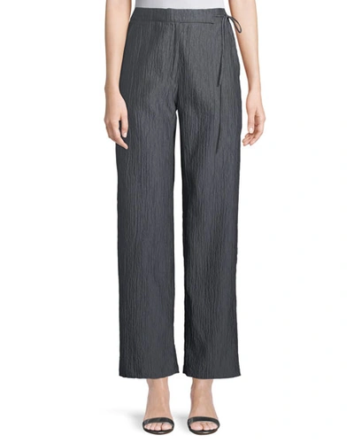 Armani Collezioni Side-tie Straight-leg Crinkle Cotton Pants In Gray
